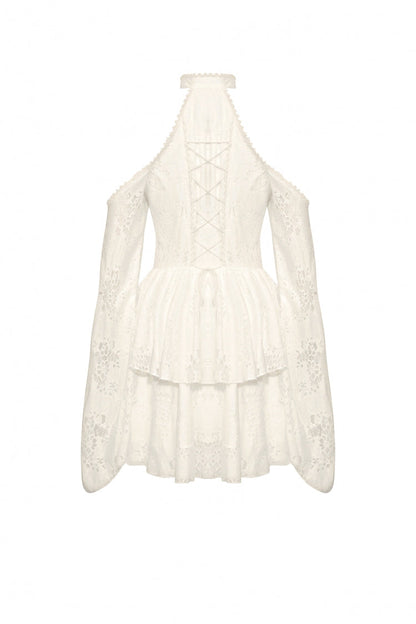 Steampunk Women's Dress with Halter Off-Shoulder Lapel Collar & Flare Sleeves, Cream