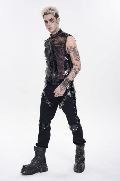 Men's Black Punk Vest, Spliced Mesh with Studs, Zippers and Eyelets