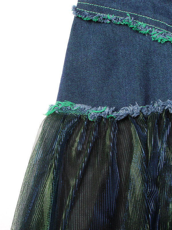 Jupe trapèze en tulle bleu vert avec patchwork en jean et ceinture TT1038 