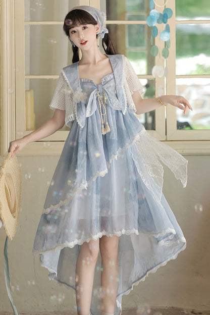 Azure Clouds Resting in the Wilderness Print Ruffle Embroidery Bow Lace Irregular Lolita Jumper Dress