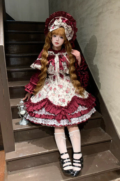 Off Shoulder Ruffled Bow Lace Gothic Lolita JSK Dress with Rose Print