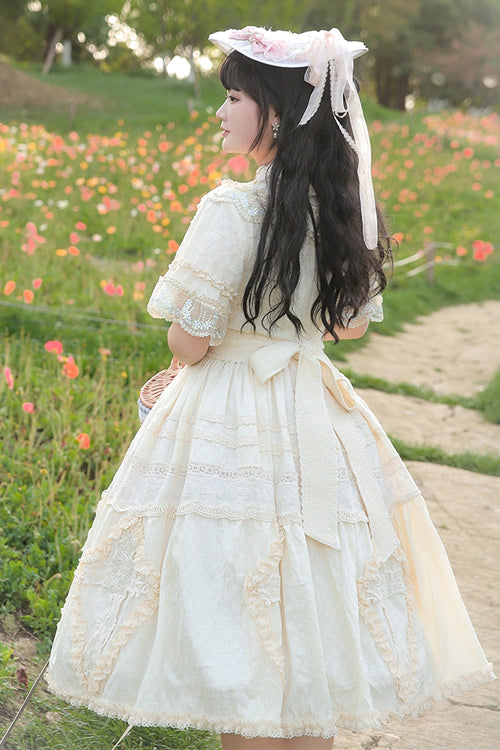 Plus Size Sweet Lolita OP Gown with Floral Embroidery, Lace Cross & Round Collar