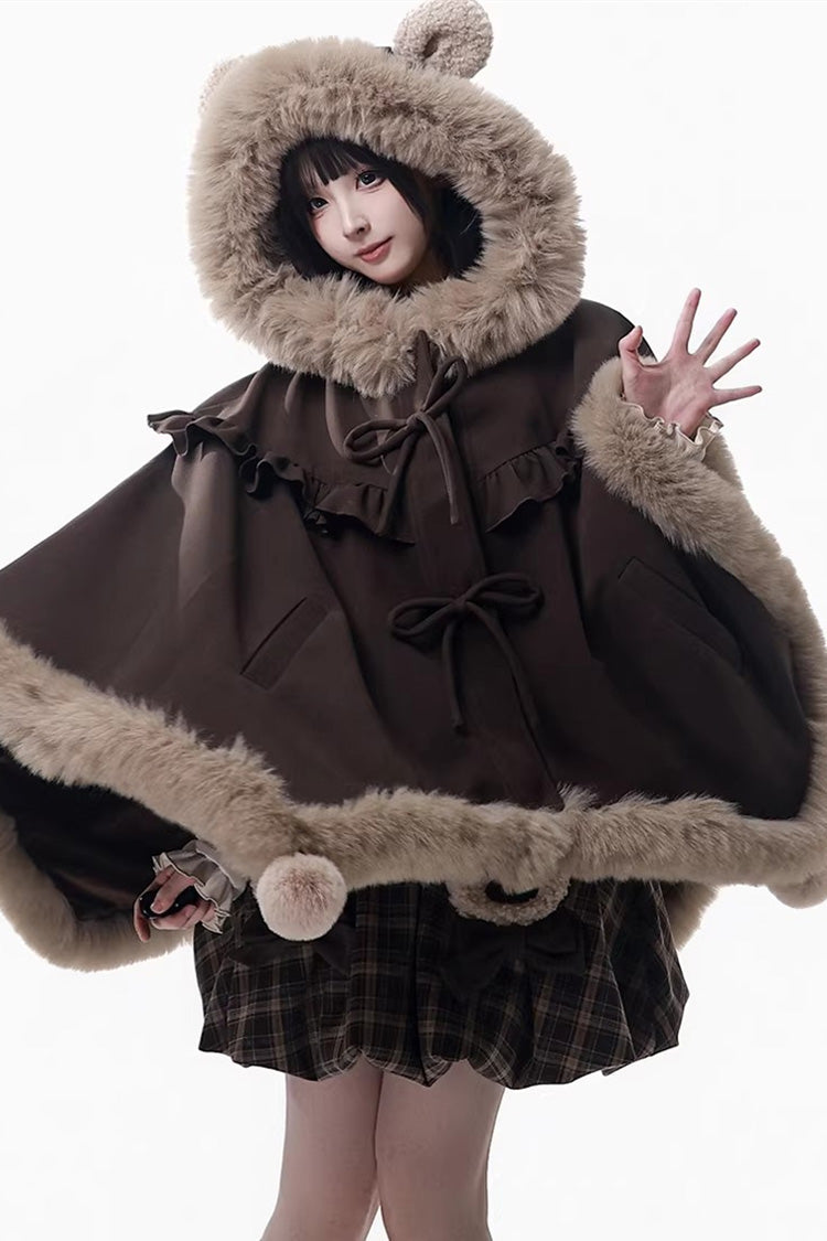 Fluffy Bear Plaid Ruffle Bow Sweet Lolita Strap Dress