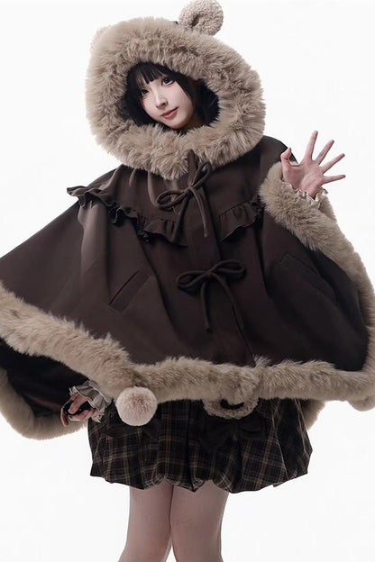 Fluffy Bear Plaid Ruffle Bow Sweet Lolita Strap Dress
