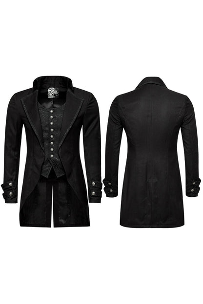 Men's Gothic Coat with Metal Buttons, Jacquard Print and Faux Two-Piece Design