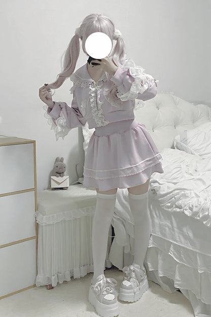 Blush Long-Sleeve Ruffle Lace Hooded Jirai Kei Skirt Set - Heartbeat Rhythm