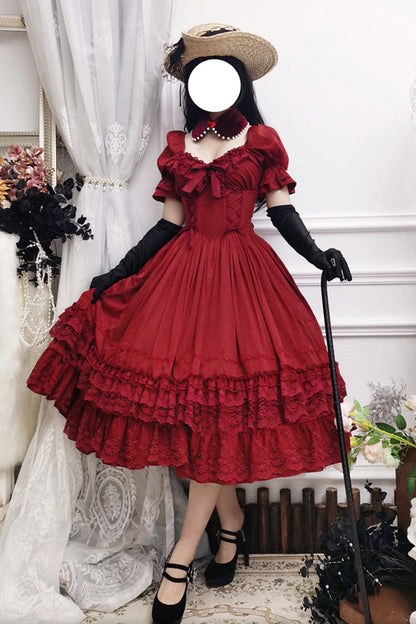 Crimson Vintage Lolita Dress with Puff Sleeves and Layered Ruffles