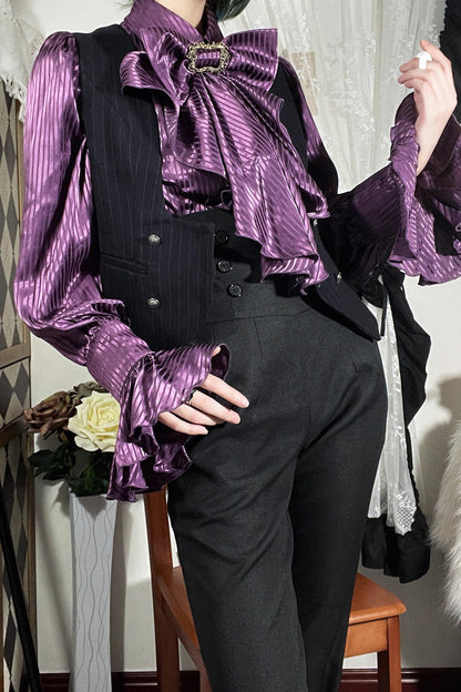 Lapel Collar Long Sleeve Striped Print Ruffle Ouji Gothic Blouse