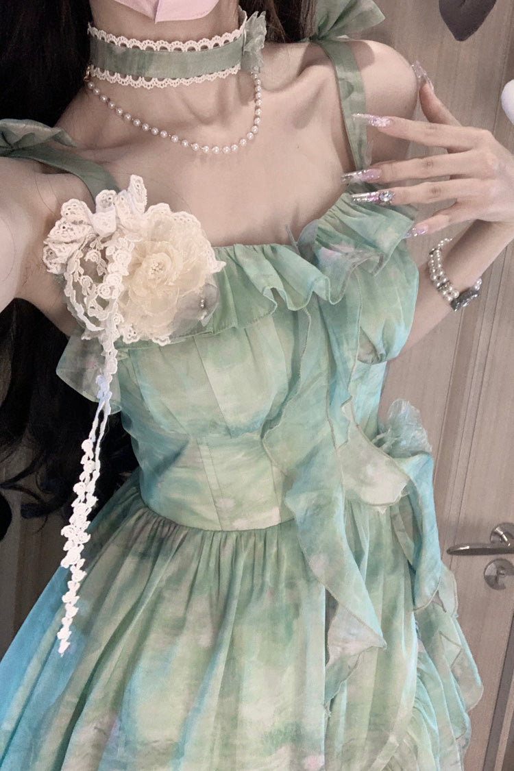Emerald Print Ruffle Bow Sweet Lolita Long Jumper Dress