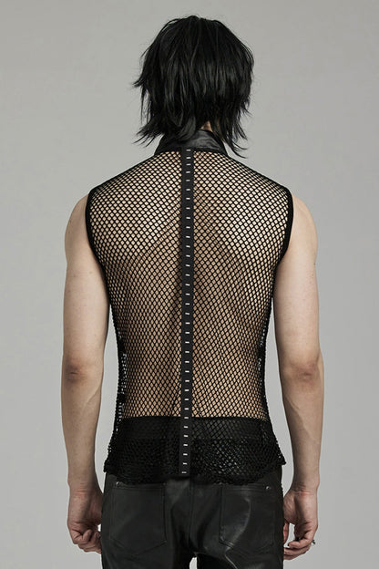 Men's Black Punk Vest, Sleeveless with Straps, Mesh and Buckle
