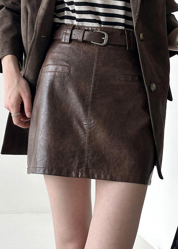 Modern Coffee Zippered High Waist Faux Leather Skirt Fall AF1059