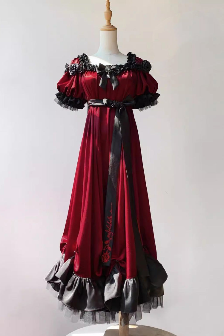 Crimson Square-Neck Vintage Lolita Dress with Ruffles and Bowknot