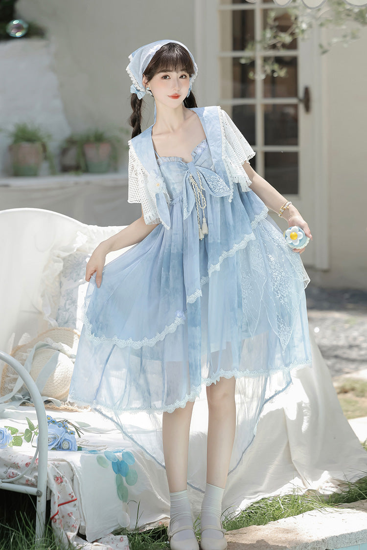 Azure Clouds Resting in the Wilderness Print Ruffle Embroidery Bow Lace Irregular Lolita Jumper Dress