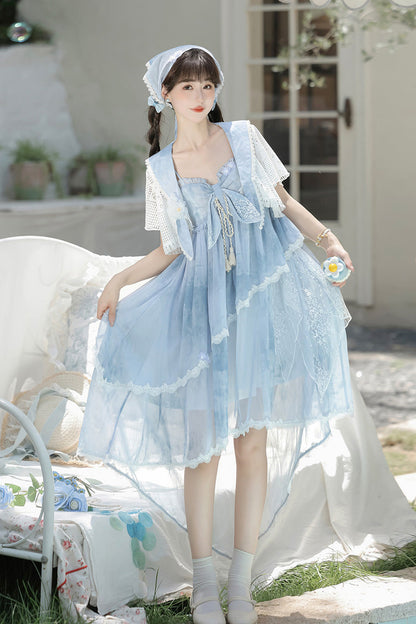 Azure Clouds Resting in the Wilderness Print Ruffle Embroidery Bow Lace Irregular Lolita Jumper Dress