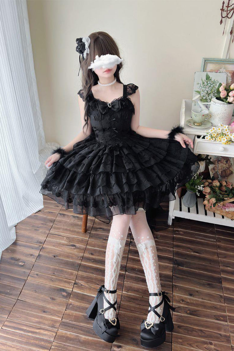 Ebony Sleeveless Tiered Bow Lace-Up Ballet JSK - From Broken Wings to Rebirth