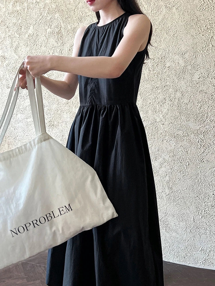 Patchwork O-neck Dress Simple Sleeveless Blue Puff Hem