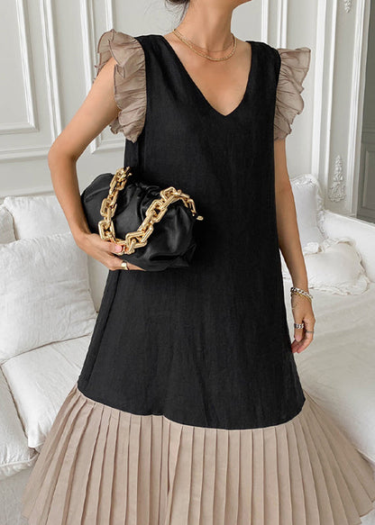 Pleated Cotton Sleeve Patchwork Dress Black Butterfly