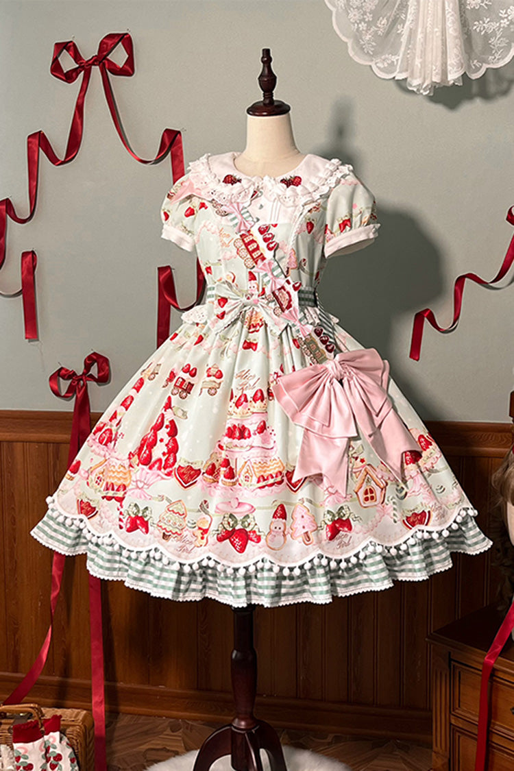 Doll Collar Short Sleeve Print Ruffle Bowknot Sweet Lolita Dress with Strawberry Dessert - 4 Colors