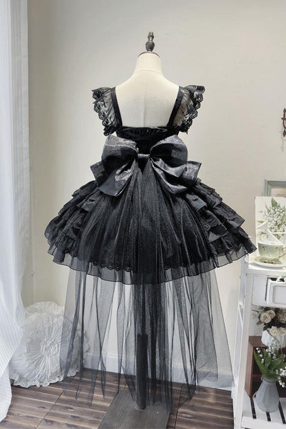 Ebony Sleeveless Tiered Bow Lace-Up Ballet JSK - From Broken Wings to Rebirth