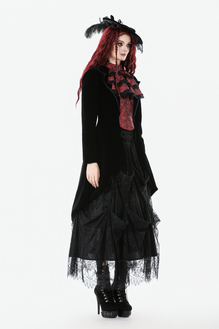 Crimson & Charcoal Peak Lapel Long Sleeve Layered Lace Mock Two-Piece Goth Tailcoat