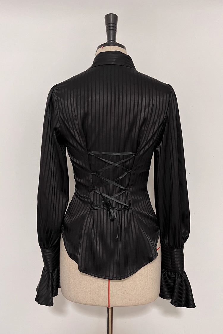 Lapel Collar Long Sleeve Striped Print Ruffle Ouji Gothic Blouse
