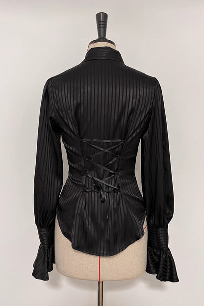 Lapel Collar Long Sleeve Striped Print Ruffle Ouji Gothic Blouse
