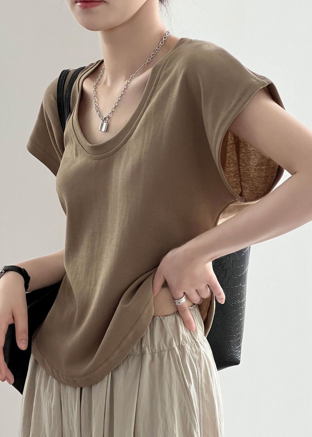 Summer Solid Simple Coffee T Neck O Shirt Cotton