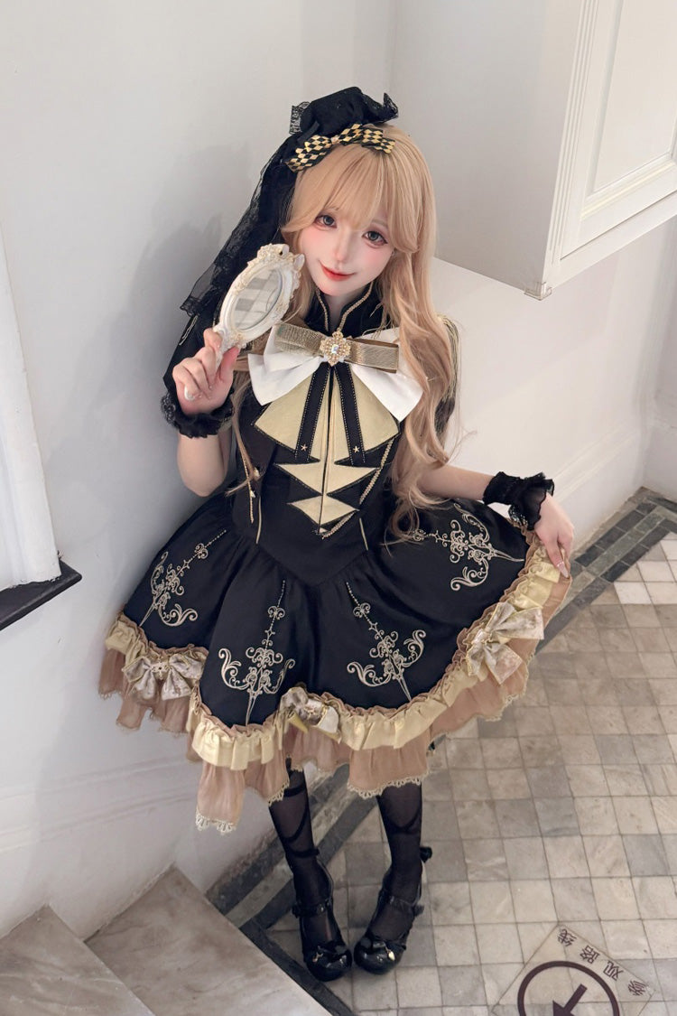 Ebony Short-Sleeve Double-Layered Embroidered Bow Gothic Dress - Gilded Oath