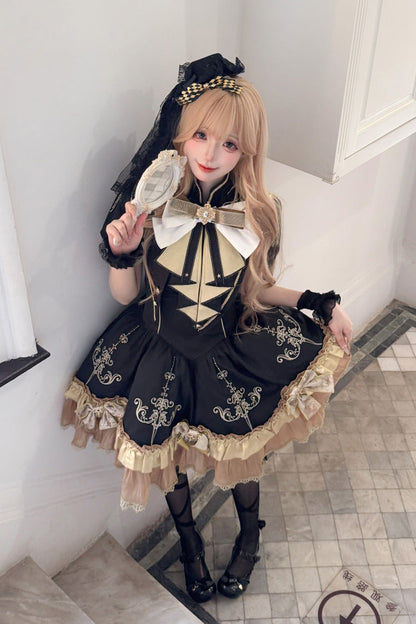 Ebony Short-Sleeve Double-Layered Embroidered Bow Gothic Dress - Gilded Oath