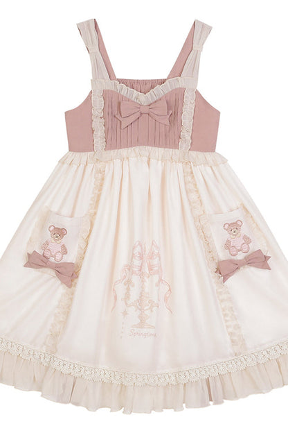 Sweet Lolita JSK Gown with Bear Print, Ruffled Bow & High Waisted Cut