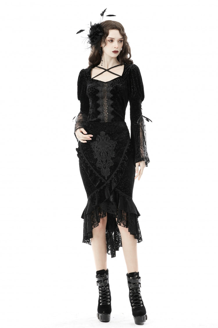 Women's Gothic Dovetail Wrap Skirt with Lace and Lace-Up in Black Jacquard