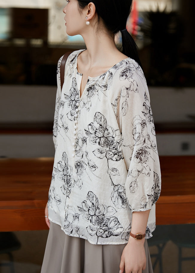 White Boho Oversized Shirts Sleeve Bracelet Cotton Print