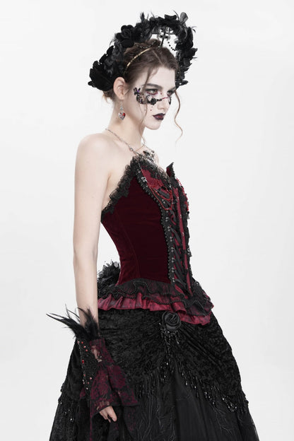 Crimson Gothic Overbust Corset with Beaded Lace and Lace-Up Back