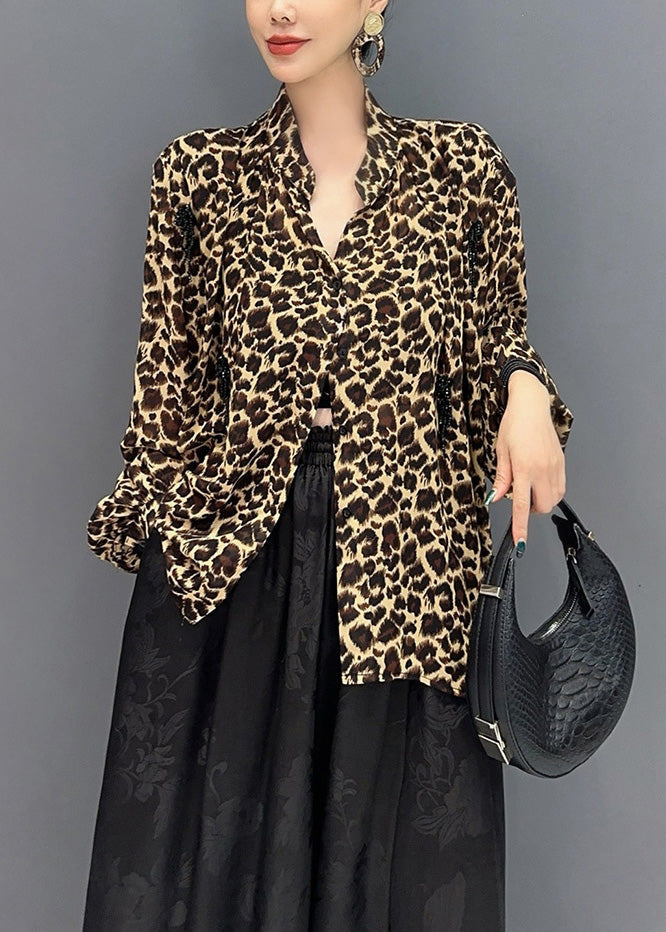 Fashion Leopard Stand Collar Asymmetrical Design Tops Fall AO1007