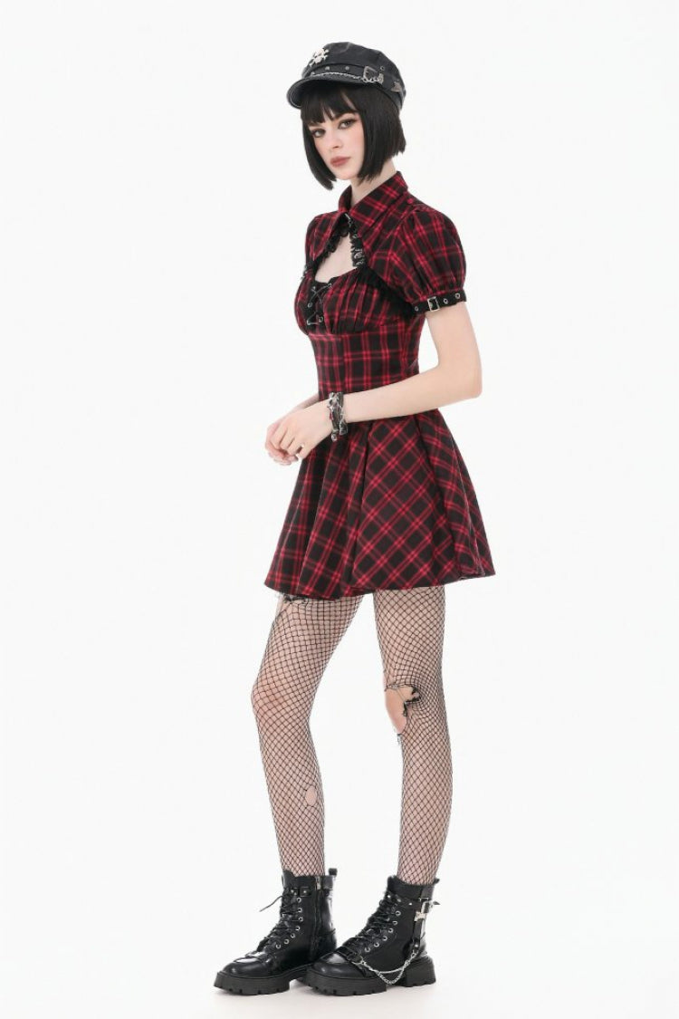 Crimson & Charcoal Tartan Notch Collar Cutout Short Sleeve Laced Punk Retro Mini Dress