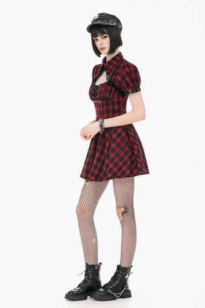 Crimson & Charcoal Tartan Notch Collar Cutout Short Sleeve Laced Punk Retro Mini Dress