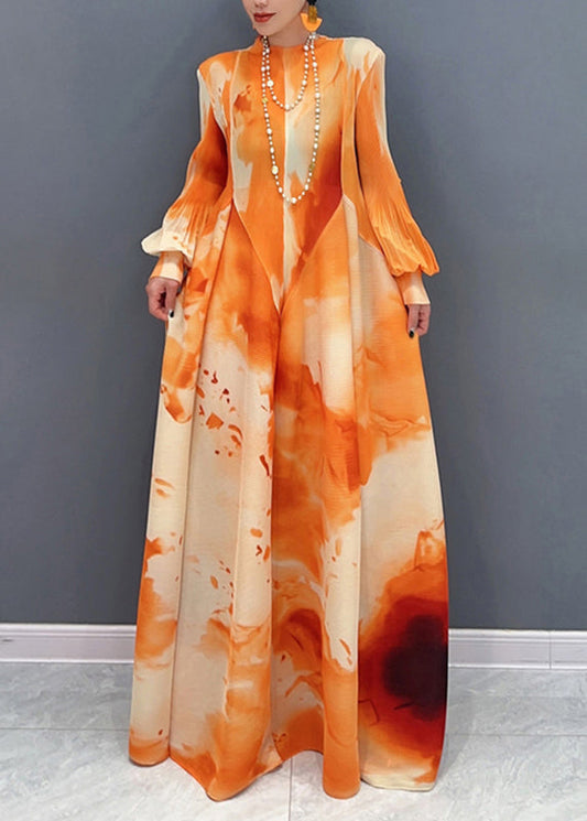 Chic Chiffon Stand Spring Long Orange Dress Wrinkled Collar