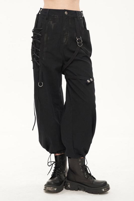 Punk Pants with Black Irregular Print, Single Side Frenulum and Drawstring Legs
