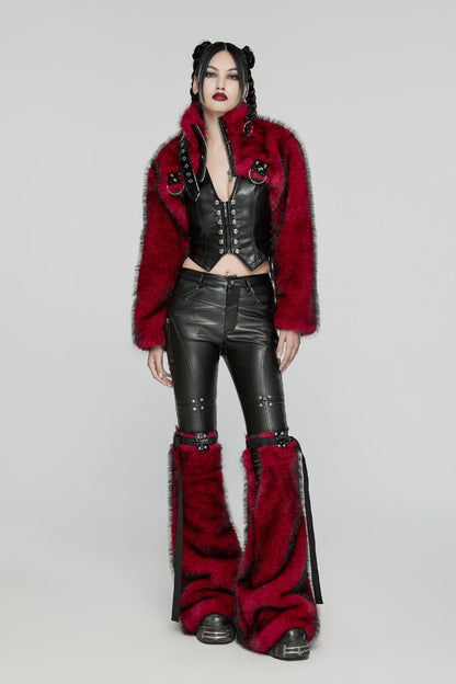 Crimson High-Neck Punk Faux Fur Cropped Jacket with Long Sleeves