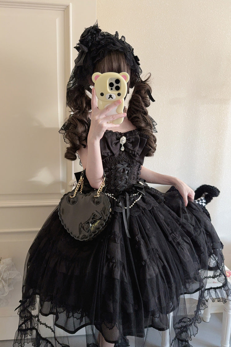 Gothic Lolita JSK Dress with Hanayome Ruffles and Lace-Up Back in Black