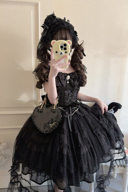 Gothic Lolita JSK Dress with Hanayome Ruffles and Lace-Up Back in Black