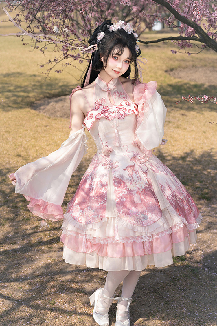 Blush Multi-Layered Print Ruffle Bow Chinese Style JSK - Flower Feast