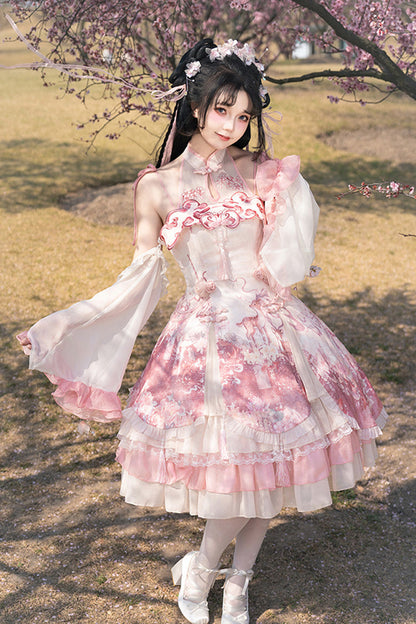 Blush Multi-Layered Print Ruffle Bow Chinese Style JSK - Flower Feast