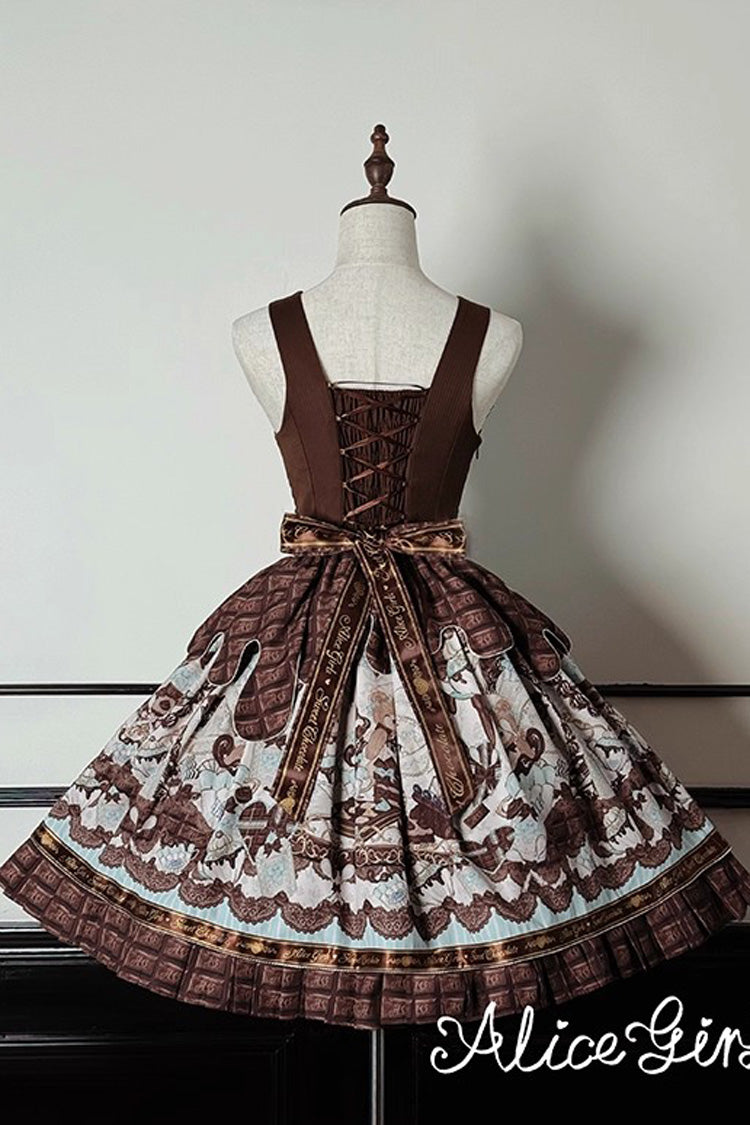 Teddy Bear Chocolate Ruffle Bow Sweet Lolita JSK Dress - Sleeveless Print