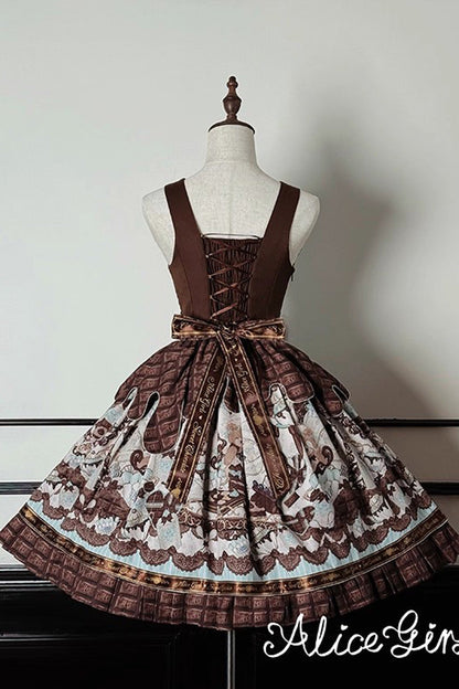 Teddy Bear Chocolate Ruffle Bow Sweet Lolita JSK Dress - Sleeveless Print