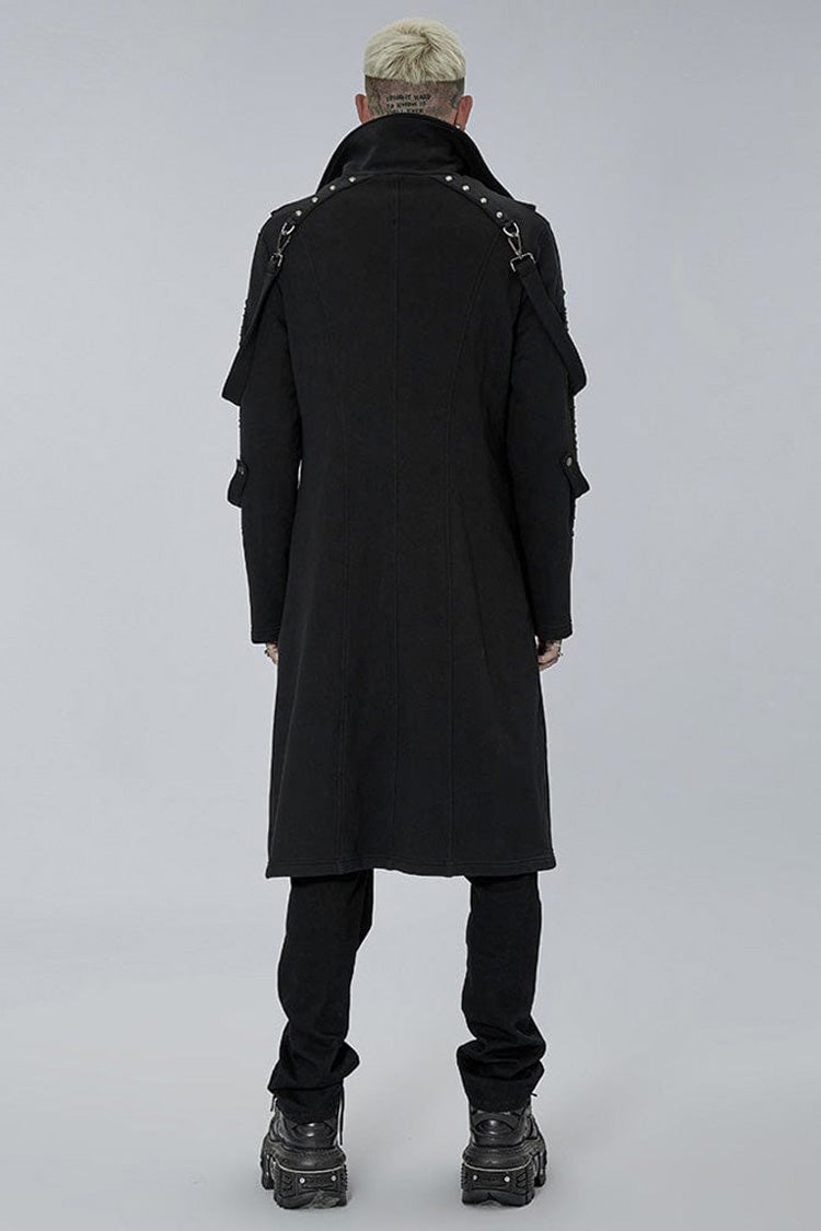 Noir High-Collar Knit Coat with Metal Shoulder Straps