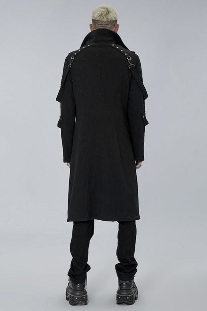 Noir High-Collar Knit Coat with Metal Shoulder Straps
