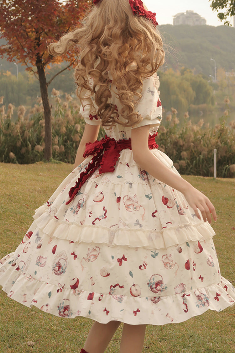 Ivory Apple Tea Print Short-Sleeve Country Ruffle Bow Sweet Lolita Dress