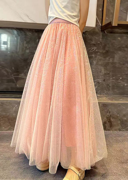 New Apricot Wrinkled  Print High Waist Tulle Skirts Summer TT1033