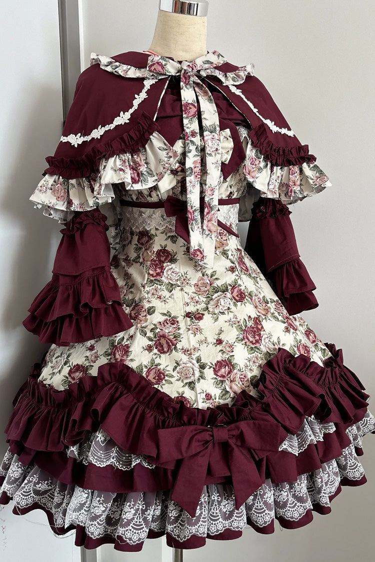 Off Shoulder Ruffled Bow Lace Gothic Lolita JSK Dress with Rose Print